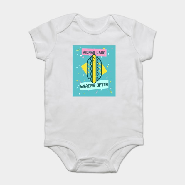 Works Hard, Snacks Often - Hot Dog Edition Baby Bodysuit by Camp Happy Hour